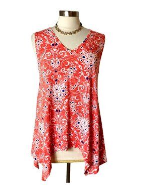 SJS Womens L Tunic Sleeveless Boho Print Asymmetrical Textured Flowy Festive